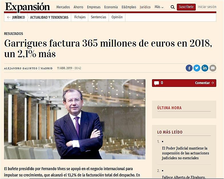 Garrigues factura 365 millones de euros en 2018, un 2,1% ms
